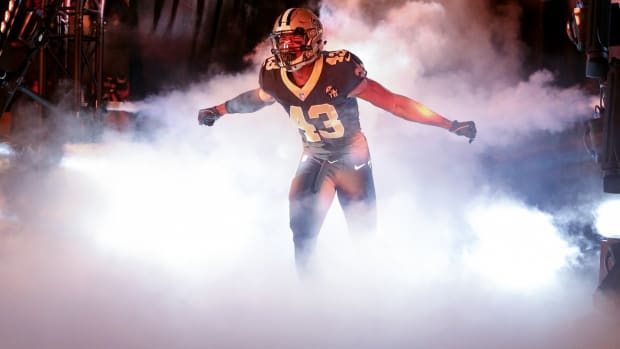 Nov 22, 2018; New Orleans, LA, USA; New Orleans Saints free safety Marcus Williams (43) runs out of the tunnel during pre-game player introductions before their game against the Atlanta Falcons at the Mercedes-Benz Superdome. Mandatory Credit: Chuck Cook-USA TODAY Sports